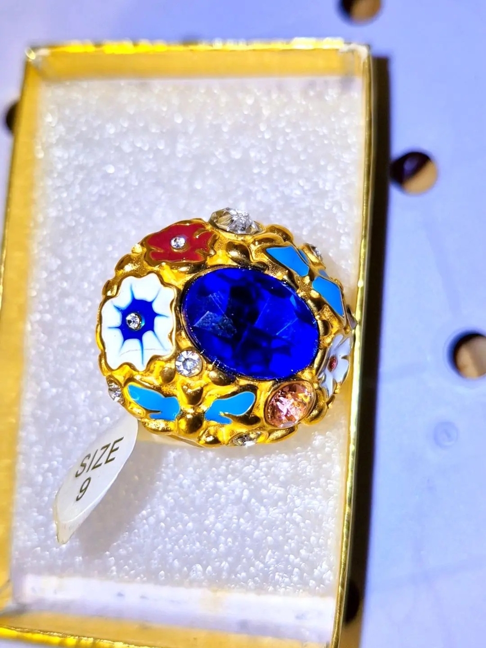 Gold-Tone Statement Ring with Deep Blue Oval Stone and Colorful Enamel